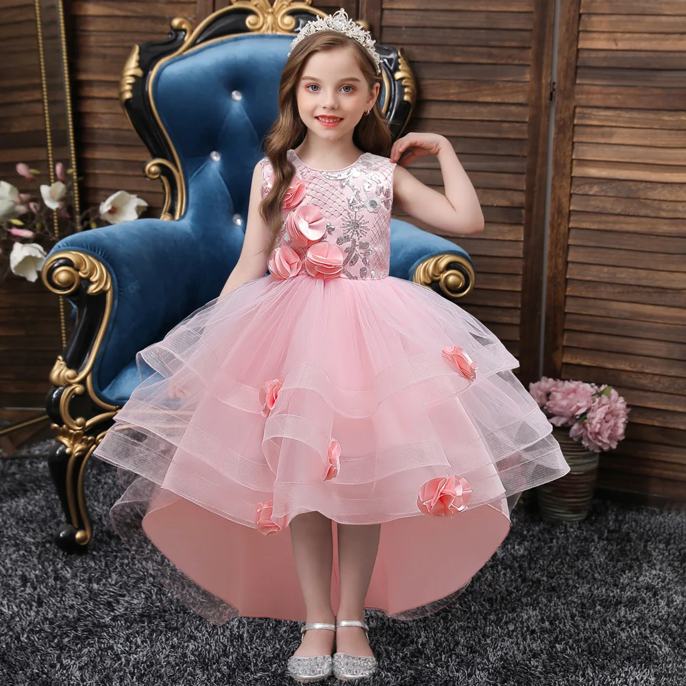 Flower Girls Princess Sequins Baby Wedding Trailing Rose Tiered Dress Ball Gown Teenager Kids Elegant Vestidos for 3-15Years