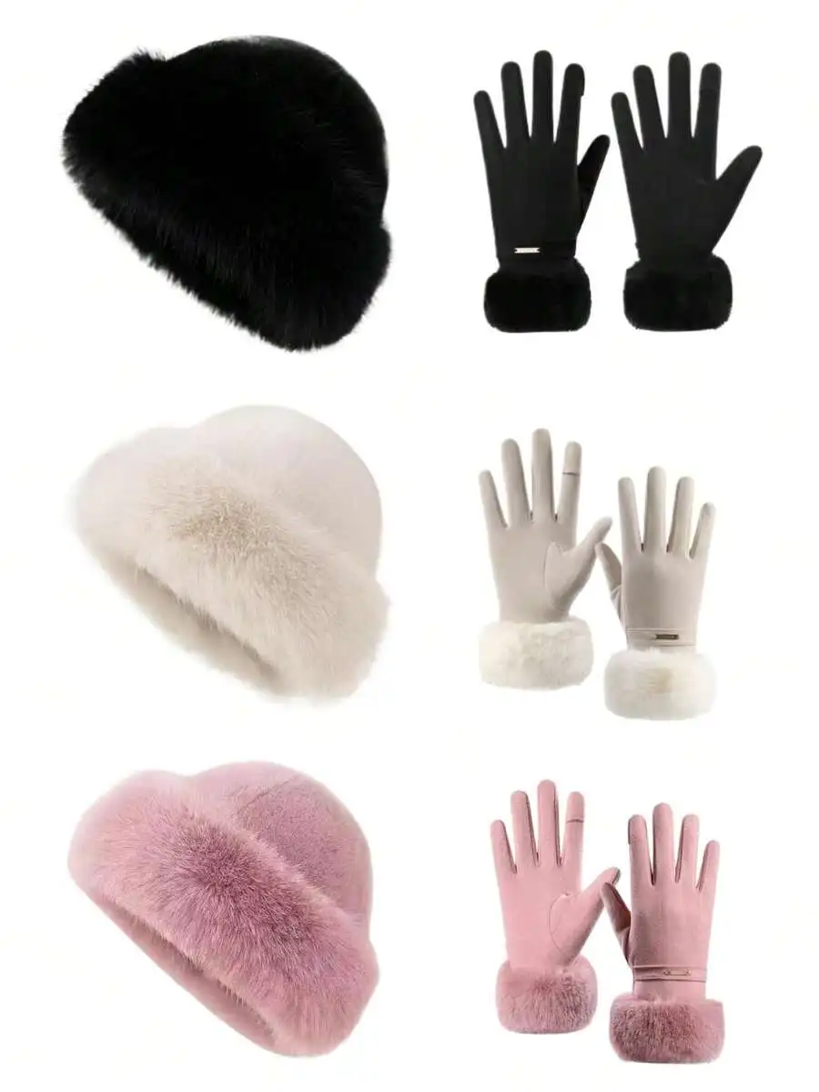 Elegant Luxury Faux Fur & Suede Fleece Solid Color Winter Warm Hat And Touchscreen Gloves Set - Fleece Cuffs And Metal Buckle