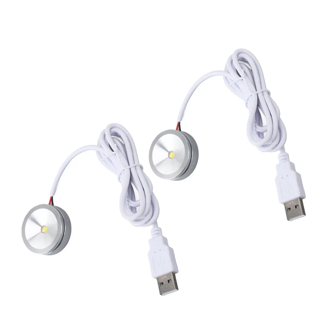 2pcs 5V Small LED Showcase Lamps Round USB Powered LED Mini Spotlights 1W 100-110lm USB Mini Spotlights Shelf Lighting