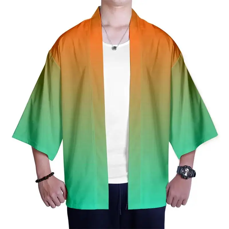 Japanische bunte Farbverlauf Kostüm 3D-Druck Kimono-Shirt Hip-Hop-Männer Sieben-Punkt-Ärmel Tops Regenbogen Strickjacke Jacke Streetwear