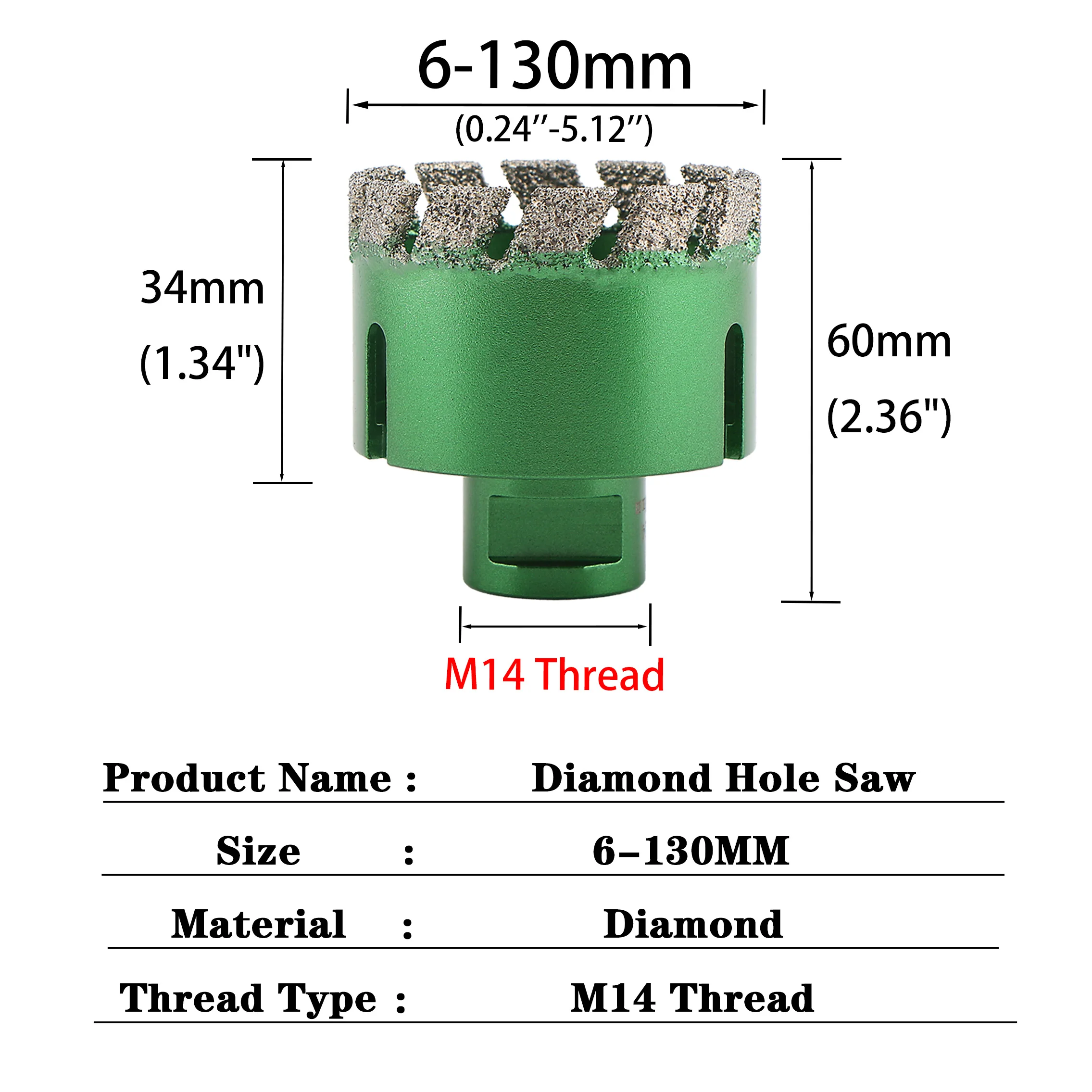 M14 Thread Vacuum Brazed Diamond Dry Drill Bit Core Bit Hole Saw Cyclone Type 6-130mm For Porcelain Tile Granite Marble Stone