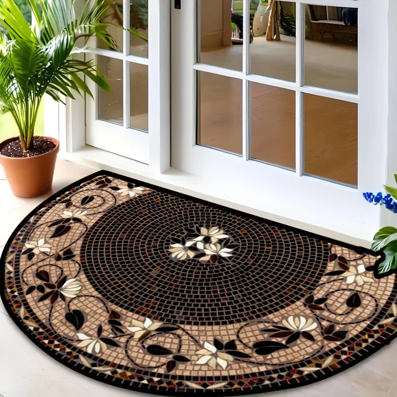 VIKAMA Retro Vine Flower Semicircle Doormat Non Slip Entryway Rug Indoor Outdoor Foyer Decor