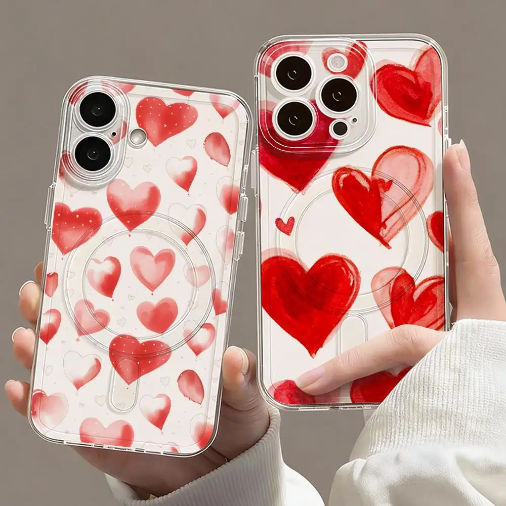 Coque de téléphone magnétique transparente Rouge Amour pour iPhone 17 16 15 14 13 12 Pro Max Plus, fine et compatible avec la recharge sans fil