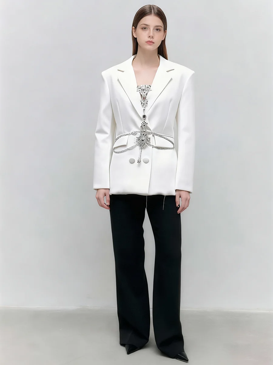 TWOTWINSTYLE Solid Spliced Chains Fashion Blazers for Women Lapel Long Sleeves Patchwork Buttons Elegant Blazer Female Clothing
