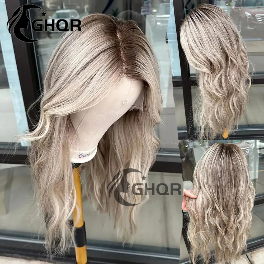 Perruque en cheveux humains avec mèches blond cendré brun 613, vague naturelle, couleur, dentelle frontale 13x4 pour femmes, pré-épilée, dentelle transparente