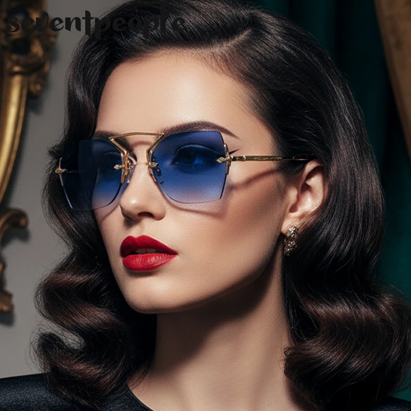 

Vintage Metal Frame Square Rimless Sunglasses Women 2025 Luxury Brand Classic Steampunk Polygon Sun Glasses Trendy Outdoor Shade