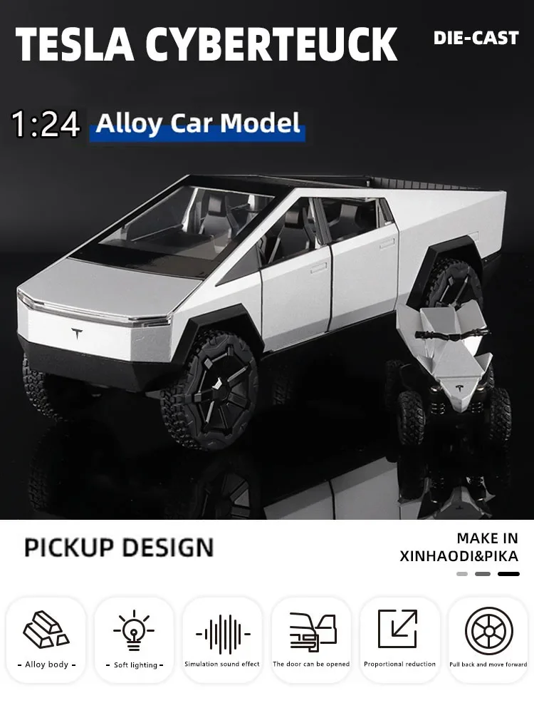 1:24 Tesla Cyberpunk Pickup Truck Model Alloy Simulation Sound And Light Pull Back Off-Road Vehicle Boys Collection Decoration