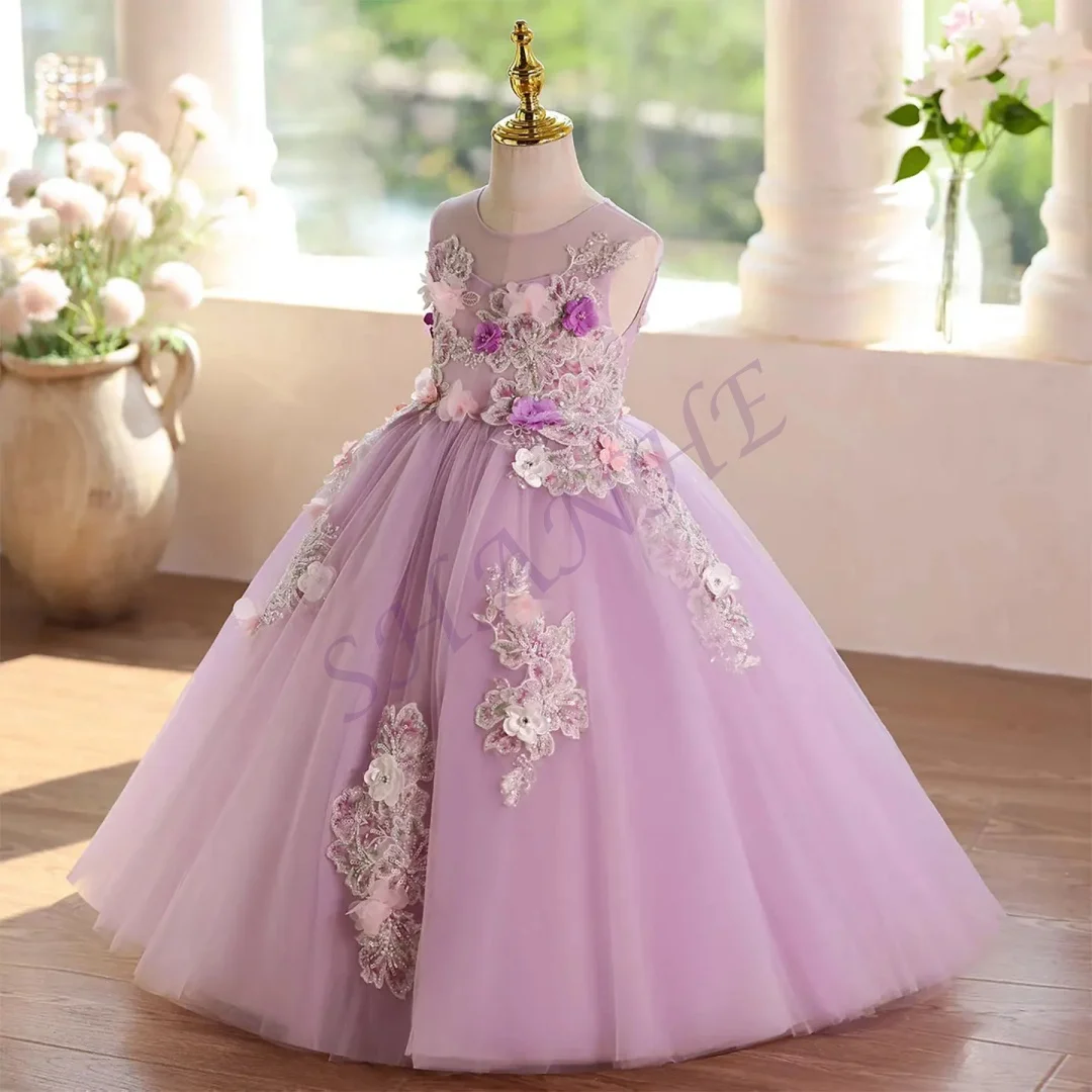 

Customized Elegant Lilac Appliques Flower Girl Dress Sequined long Lace Kids Princess Wedding Pageant Birthday Party Gown