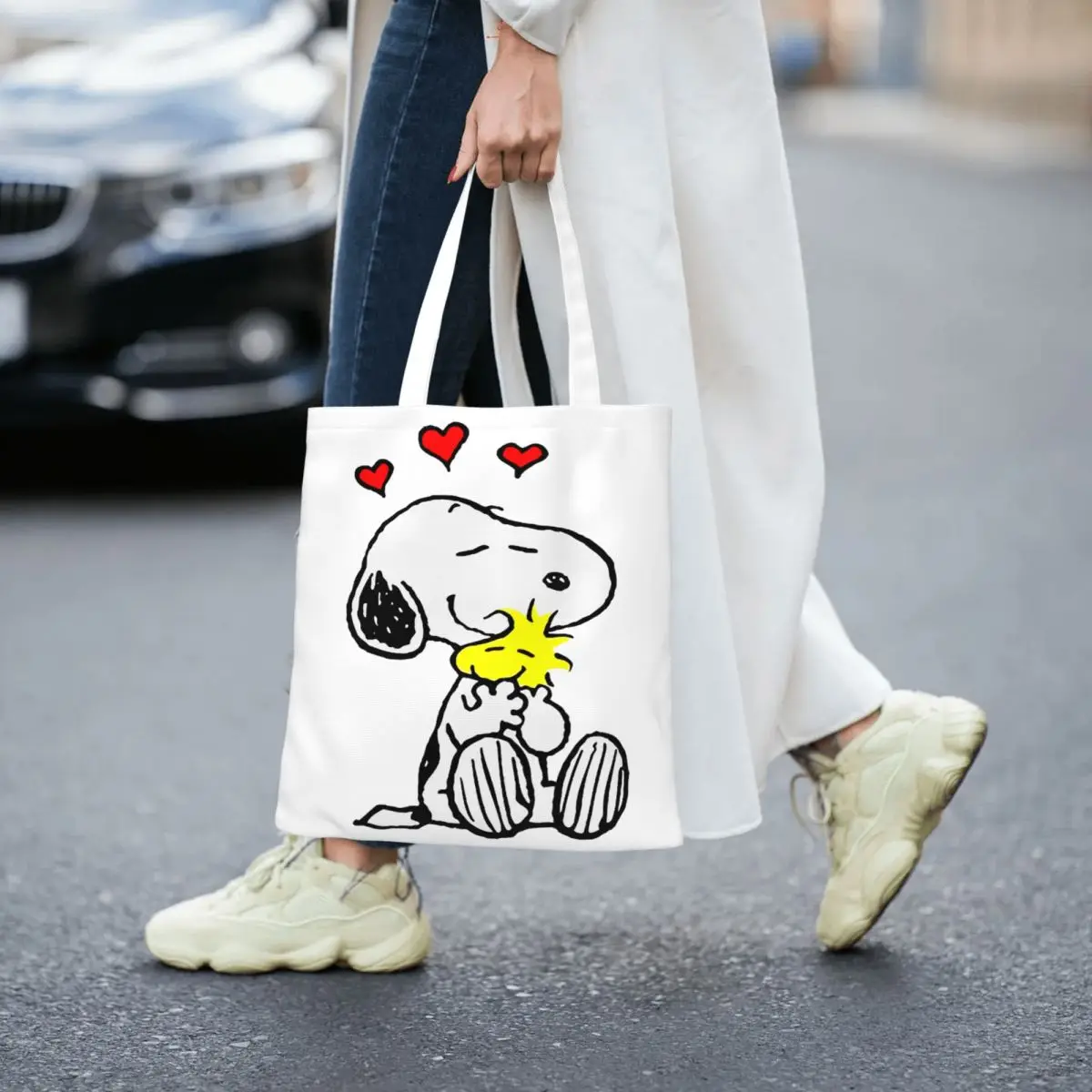 Bolso de compras reutilizable personalizado para mujer, bolsa de lona de hombro, lavable, de Manga, Snoopy Woodstock