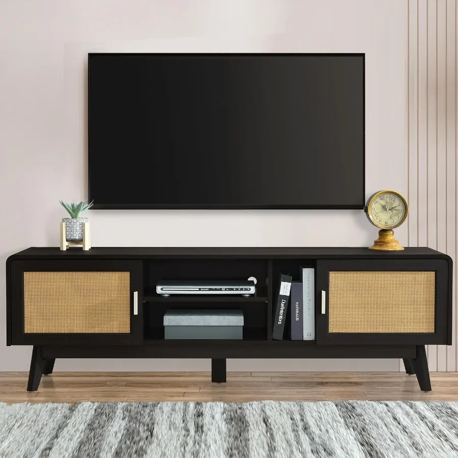 63'' Dark Rattan TV Stand for 65 Inch TV, Living Room Entertainment Center with Solid Wood Legs, 2 Storage Cabinets, Media Cons