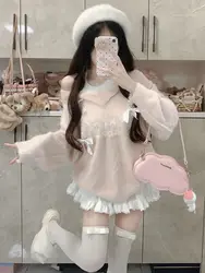 Sweet Lolita Women Off Shoulder Knit Sweater Soft Pink Fluffy Pullover Female Bow Ties Kawaii Harajuku Aesthetic Casual Top 2025