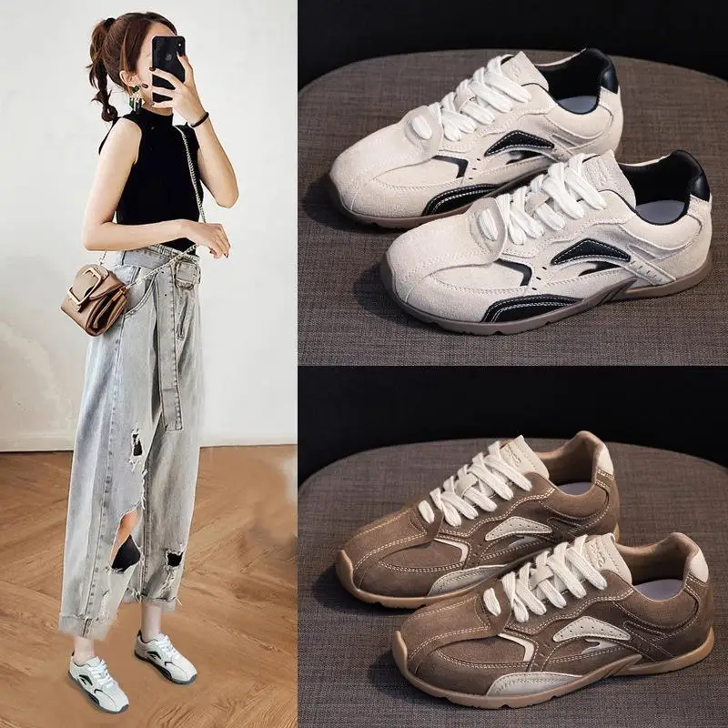 

Leather Sport Running Shoes Casual Retro Style Street Snapshots Dequn Low Top Sneakers Flat Heel Rubber Outsole round Toe