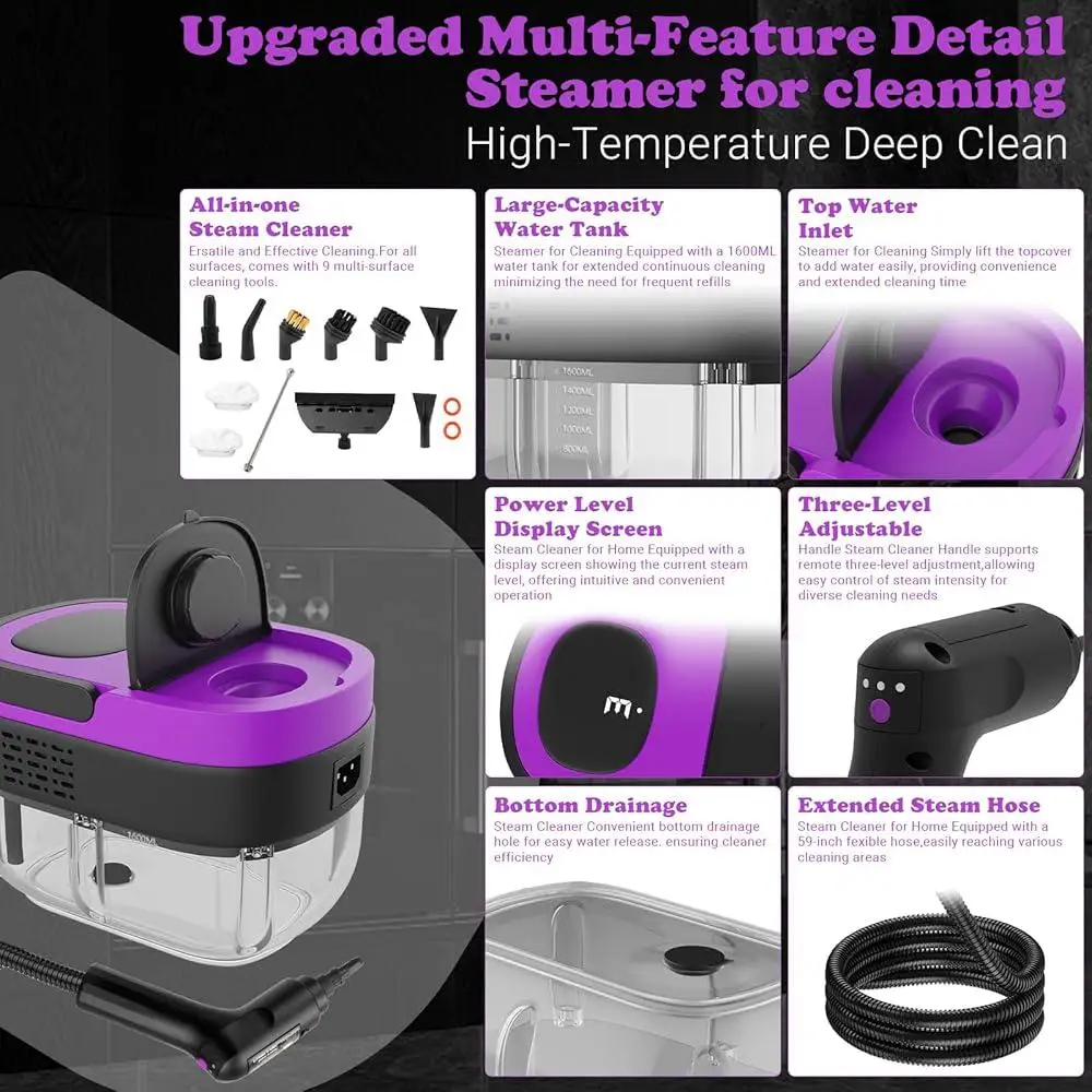 منظف البخار المحمول 3 مستويات مقبض قابل للتعديل 1500 واط تسخين سريع يصل 10 ملحقات تنظيف متعدد الأسطح سيارة منزلية مثالية
