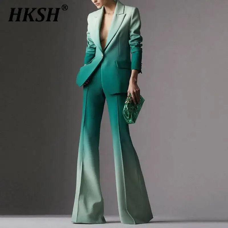 

HKSH Spring Summer New Women Ins Chic Fashion Elegant Gradient Color Slim Blazer Coats Flared Pants Casual Two-Piece Sets HK5637