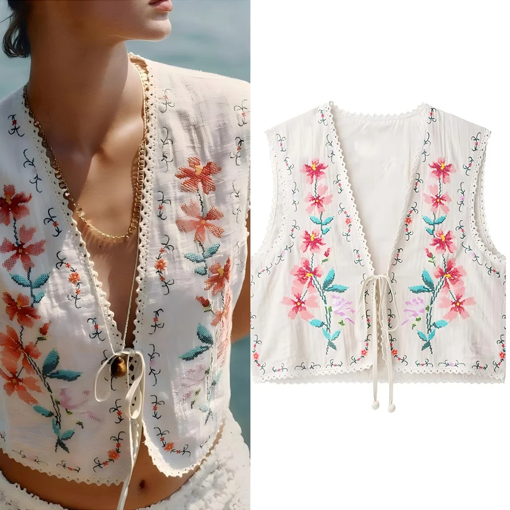 

Women's summer fashion floral embroidery decoration short cotton V-neck vest retro sleeveless lace up women's vest chic top