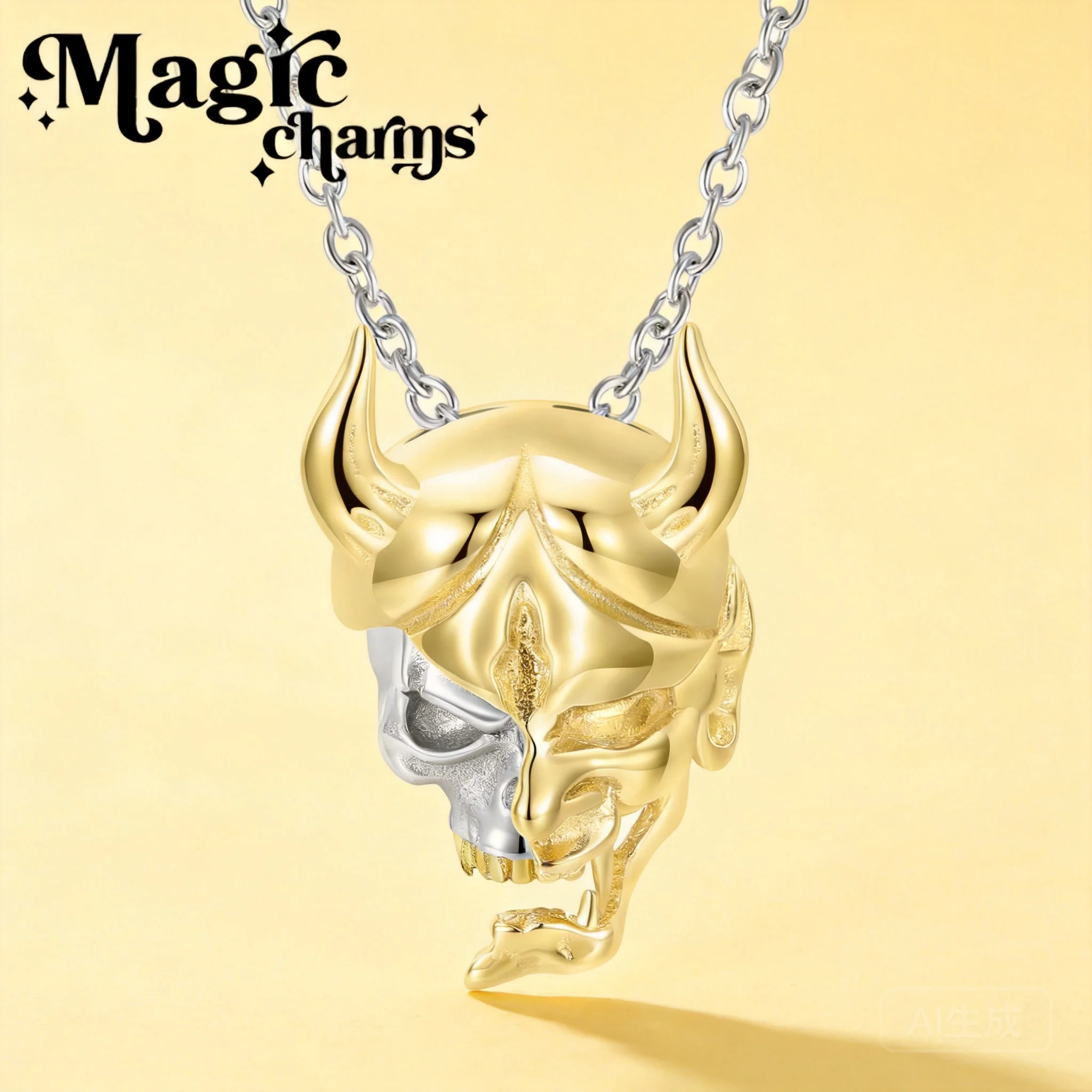 Chinese Style Lucky Protection Amulet 14k Gold Plated S925 Sterling Silver Detachable Demon Skull Mask Pendant Necklace For Men