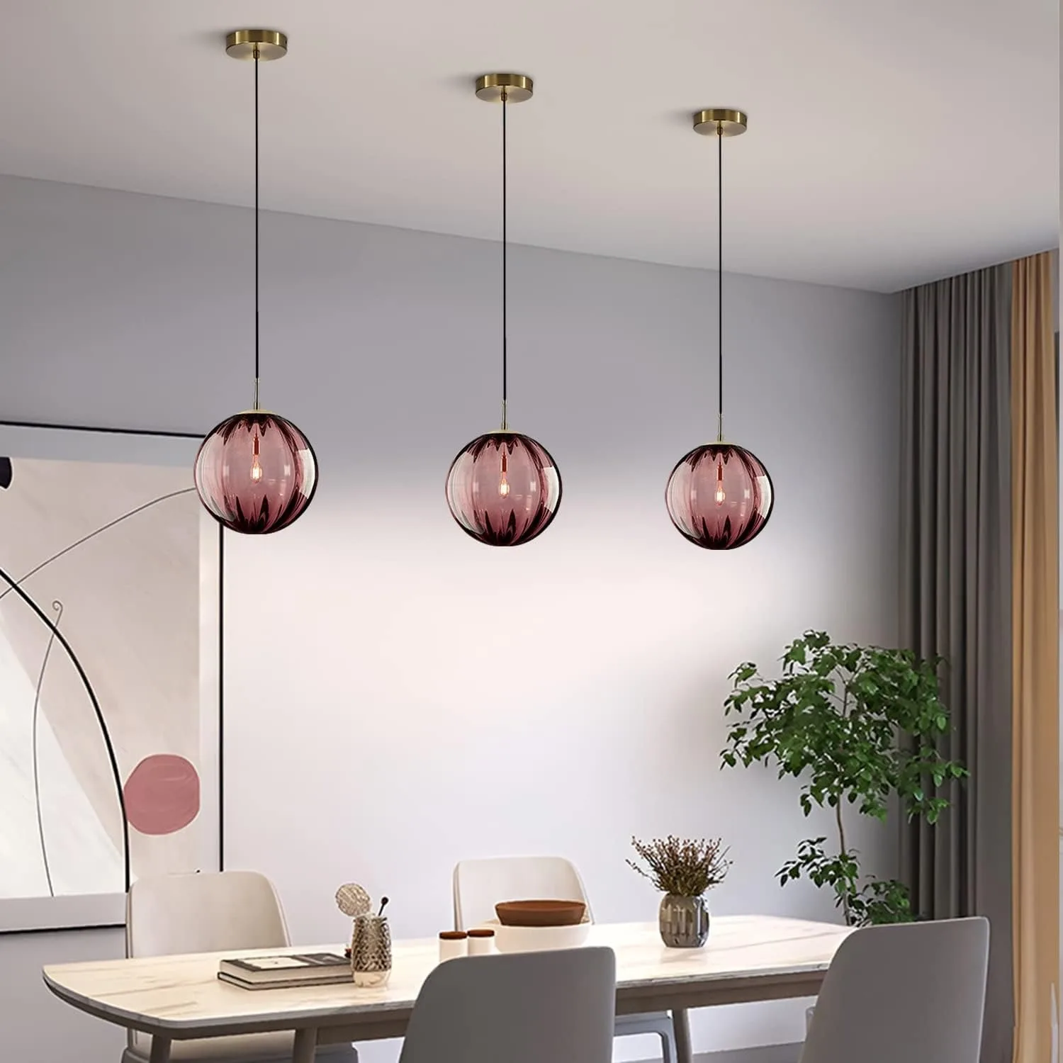 Mid Century Modern Pendant Light Glass Globe Pendant Lamp Brass Gold Hanging Lamp Vintage Striped Hanging Light for Home Decor - view 3