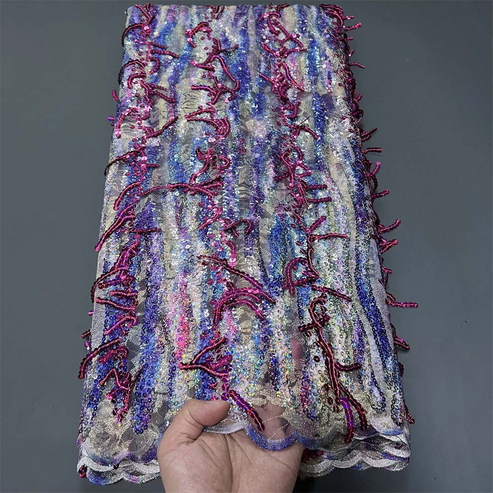 

2025 African Nigerian High-Quality Sequins Embroidery Tulle Lace Fabric Sewing Beads Stone for Prom Dresses PS0085 5Yards