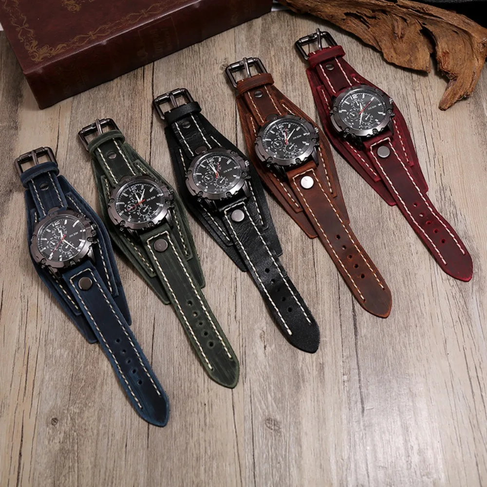 Mens Quartz Watches Luxury Wristwatch 2023 Cowhide Watchband Punk Style Watch for Men Wide Genuine Leather Bracelets