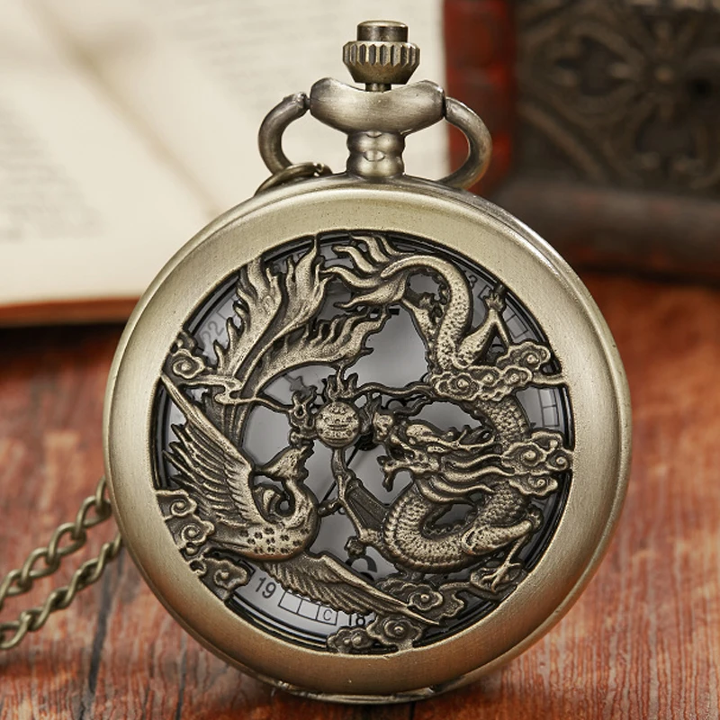 Double Dragons Playing with Beads Antique Bronze Men Hollow Quartz Pocket Flip Fob Clock Necklace Pendant Chain Relogio De Bolso