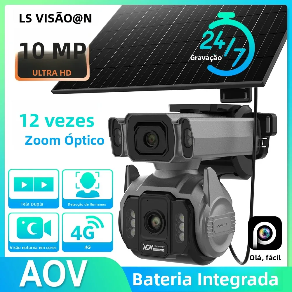 Câmera de Vigilância Externa LS VISION AOV com Rastreamento por IA, Zoom Óptico de 12X, Câmera CCTV 4G com SIM em Nuvem, Tela Dupla, Gravação de Vídeo 24/7