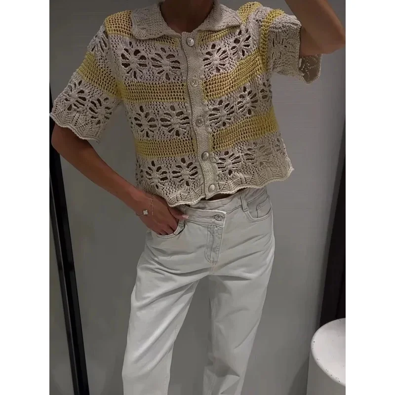 

Summer Retro Women's Striped Cardigan Lapel Jacquard Mesh Knitted Casual Sweater Top with Half Sleeve Single Breasted Fashion
