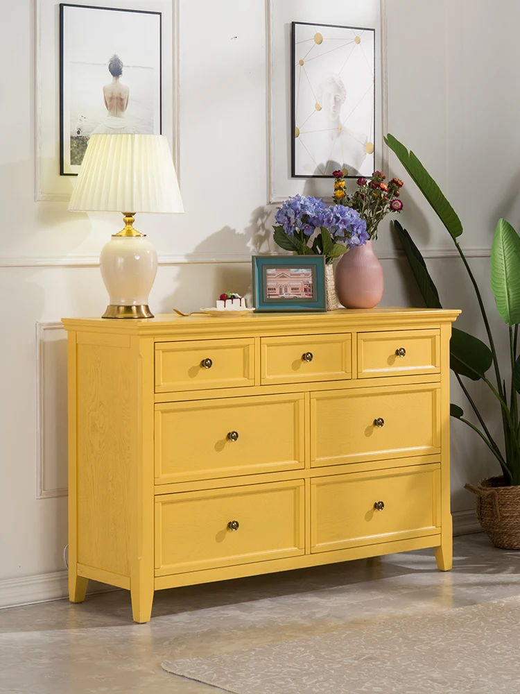 Nordic style 5 chest cabinets, retro chest of drawers, light luxury bedroom wardrobe, yellow chest of drawers against the wall