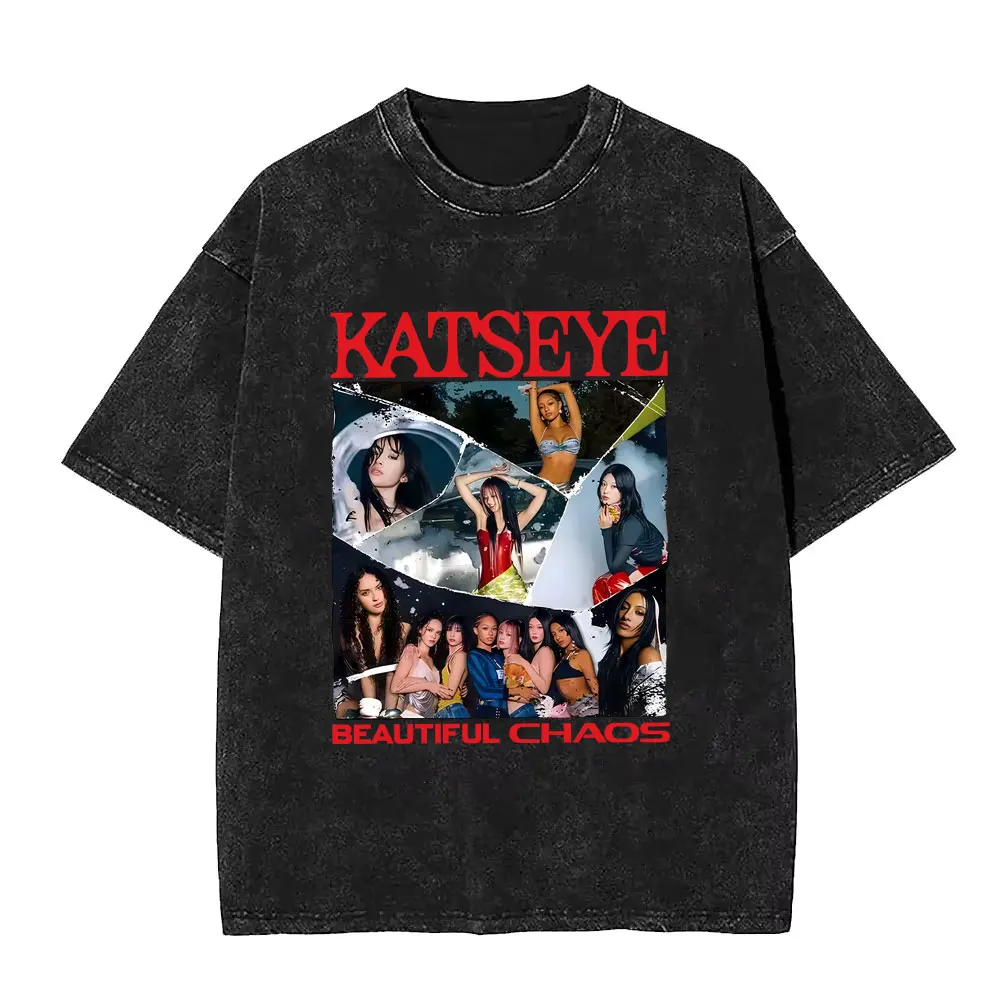 

Washed Vintage Korean Girl Group KATSEYE Beautiful Chaos T-shirt Men Women Fashion Pop Music T Shirts Unisex Oversized T-shirts