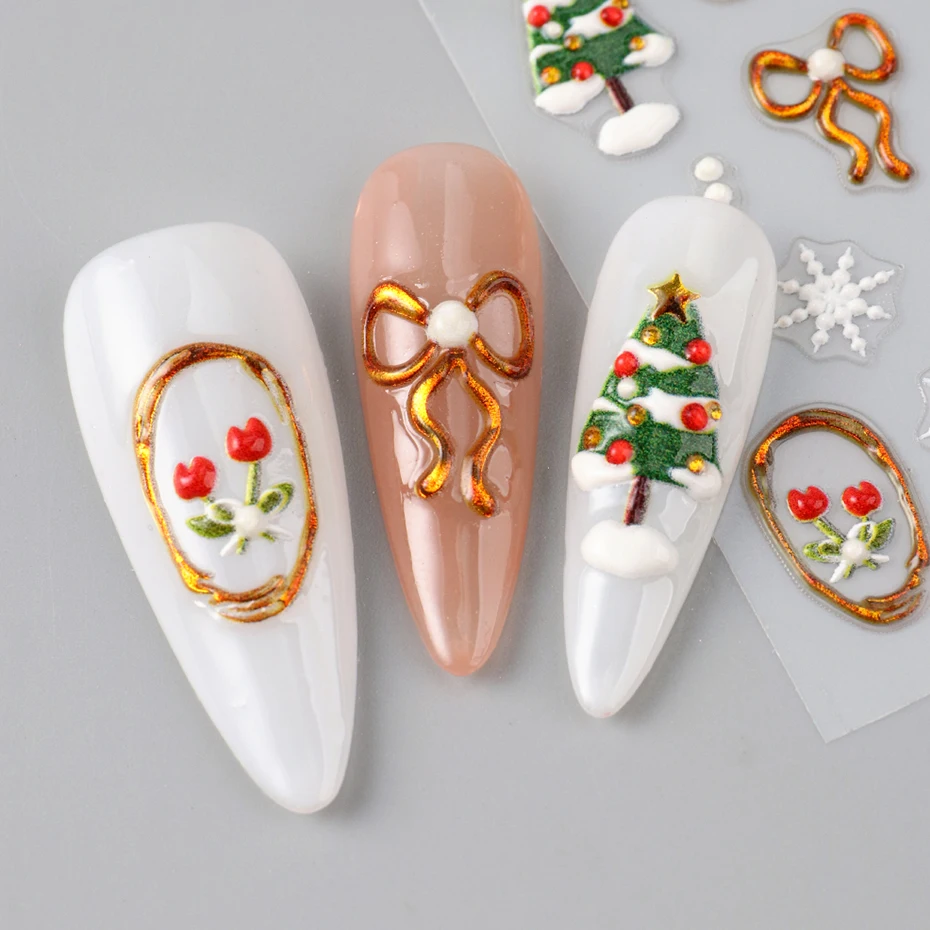 Autocollants à nœud papillon de canneberge en relief 5D, pour ongles, arbres de noël, flocons de neige, Design auto-adhésif pour Nail Art, décoration d'ongles pour nouvel an, DIY bricolage