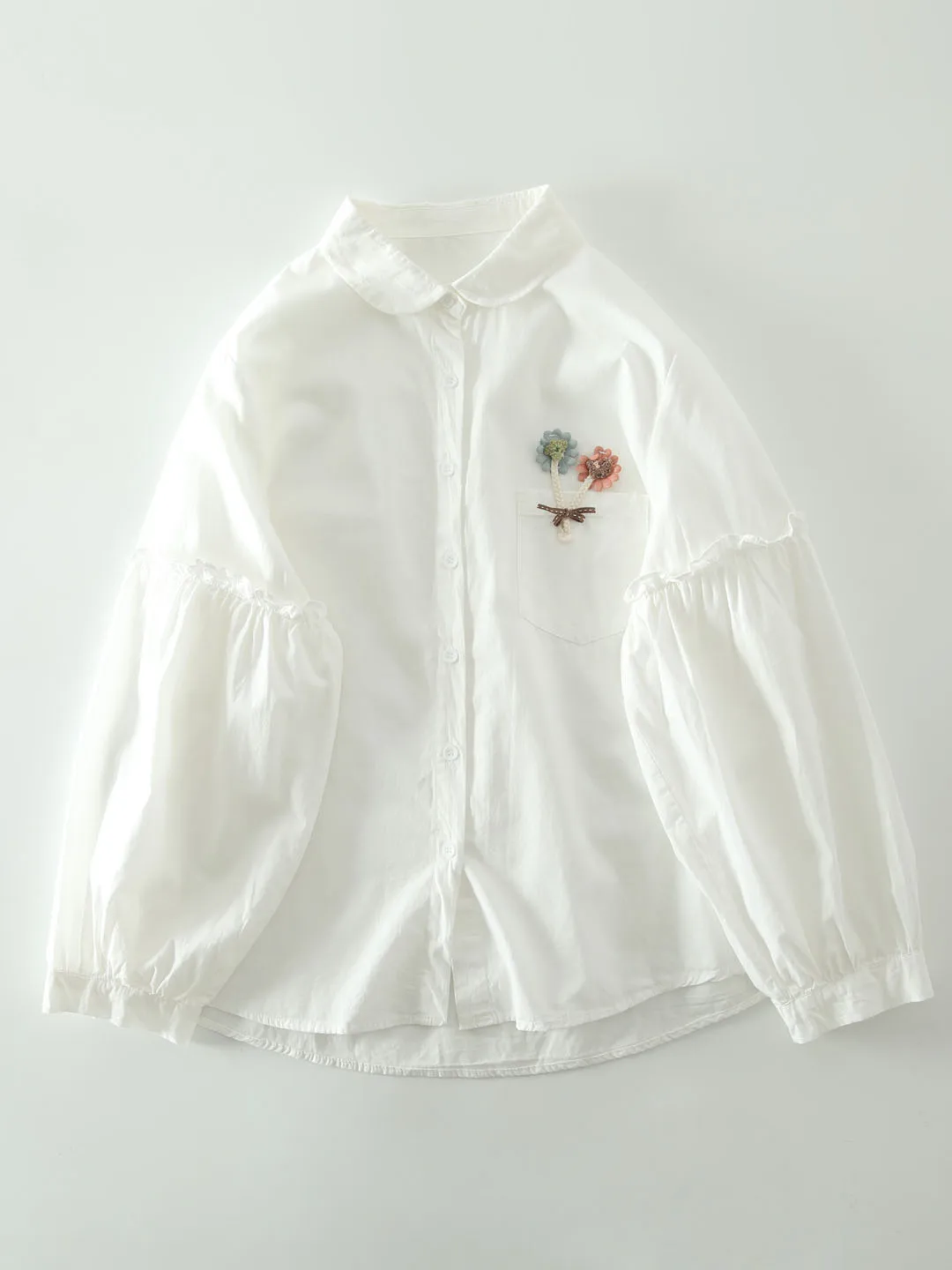

Spring New Sle Japanese Artistic Long Sve White irt Women's Cuff Floral Embellied Loose Fit Breathable Cotton Blouse