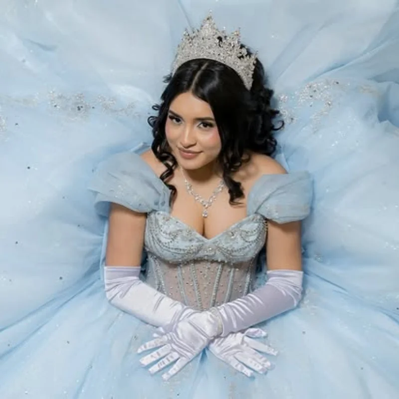 

Customized Shiny sky blue Quinceanera Dresses Off the Shoulder sequin applique Long tail Bow Vestido De 15 Quinceanera