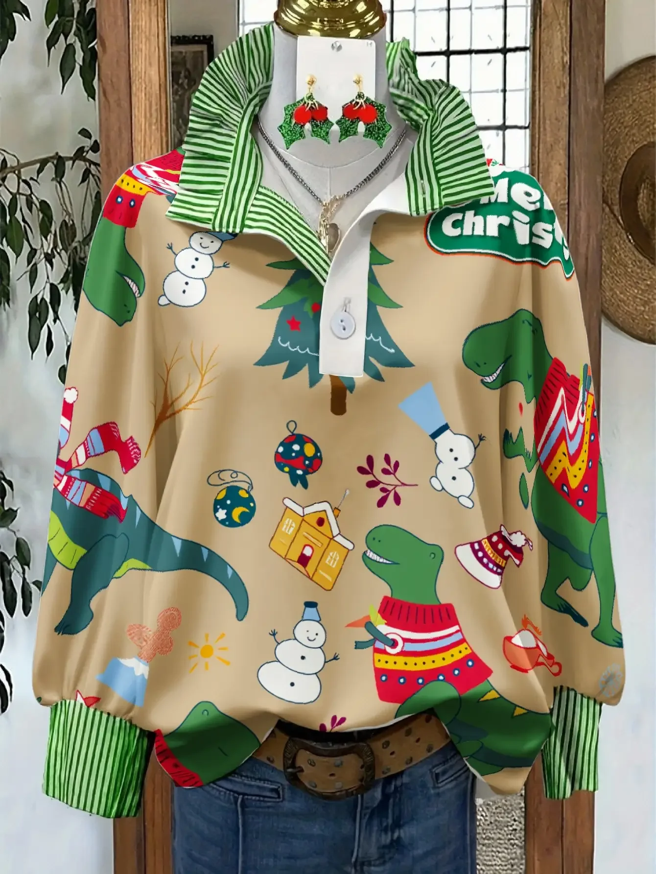 A spring and autumn winter women's standing collar shirt with long sleeves, creatively printed,  Pink green candy painting top