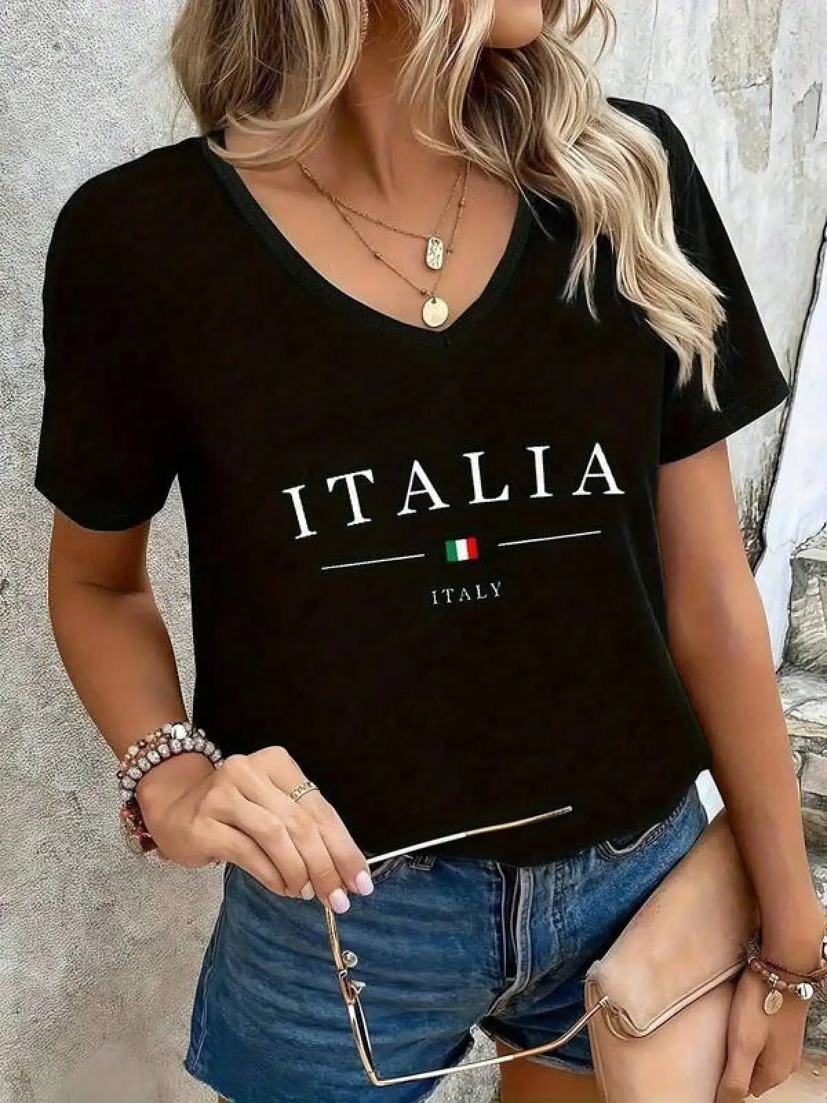 T Shirt Print ,Graphic-Cotton Tees Size Plus,Women's Casual V-Neck T-Shirt With ITALIA Print, Knitted Fabric, Oversized Loose Fit, Spring/Summer/Autumn Top - , Autumn Casual Shirt |   Extra Large V-Neck |   Machine Washable Tops, Women's T-Shirt 180g