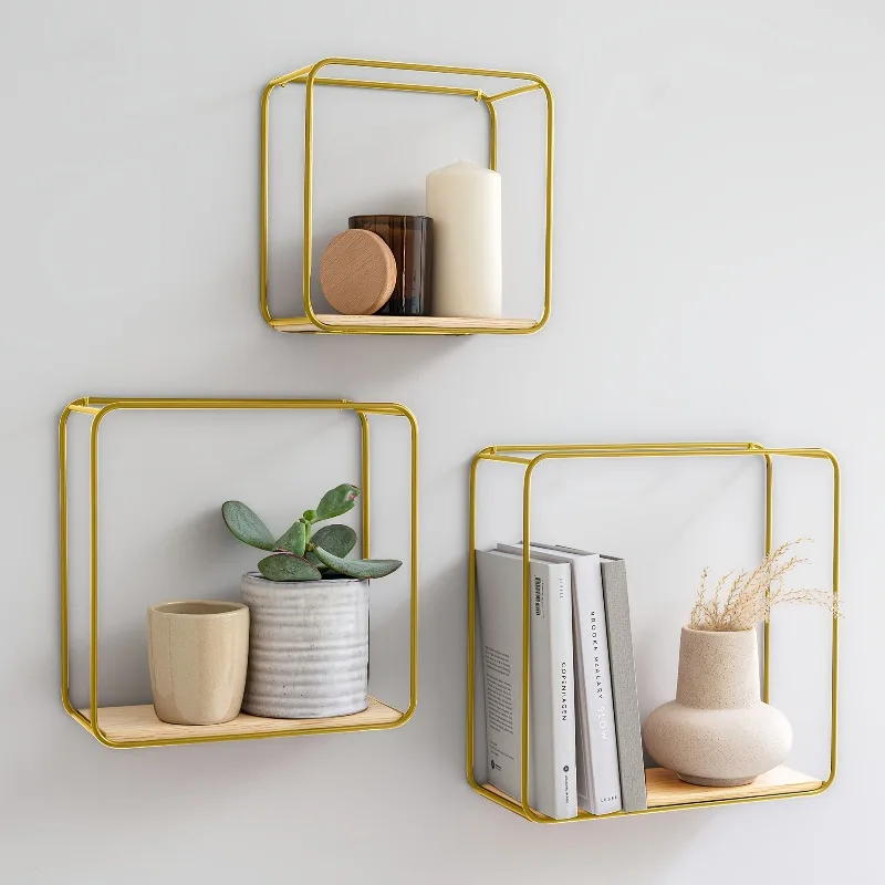 3 Pack Modern Bohemian Wall Shelves Metal Frame & Wood Veneer Shelving Unit Wall Decor Book Storage Shelf for Bathroom Bedroom