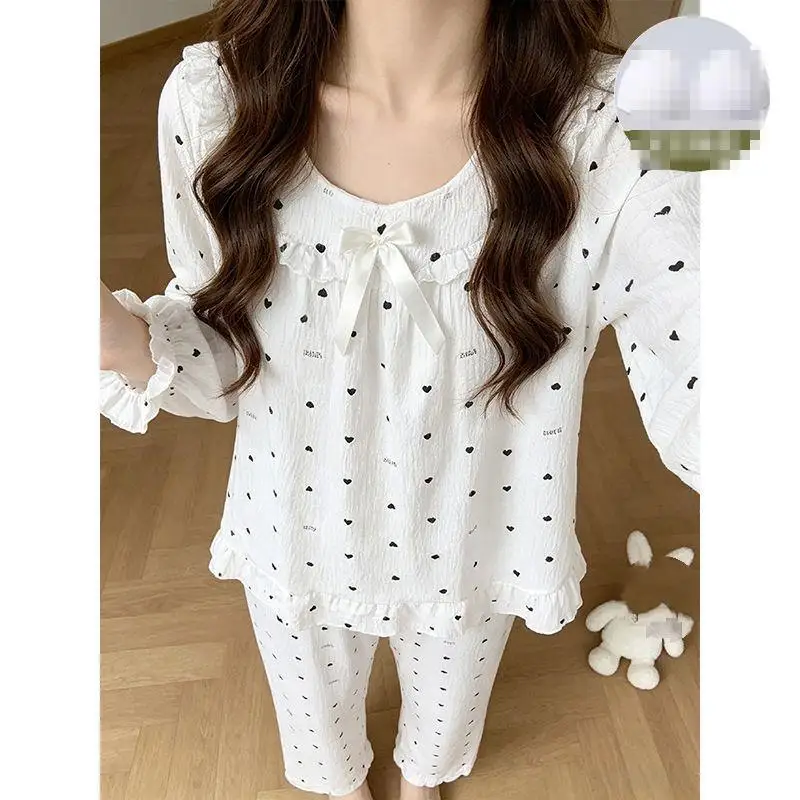 Women's Spring and Autumn Bow Long Sleeve Long Pants Pajama Set for Girls New Cotton Home Clothes Women's Fashion Two Piece Set