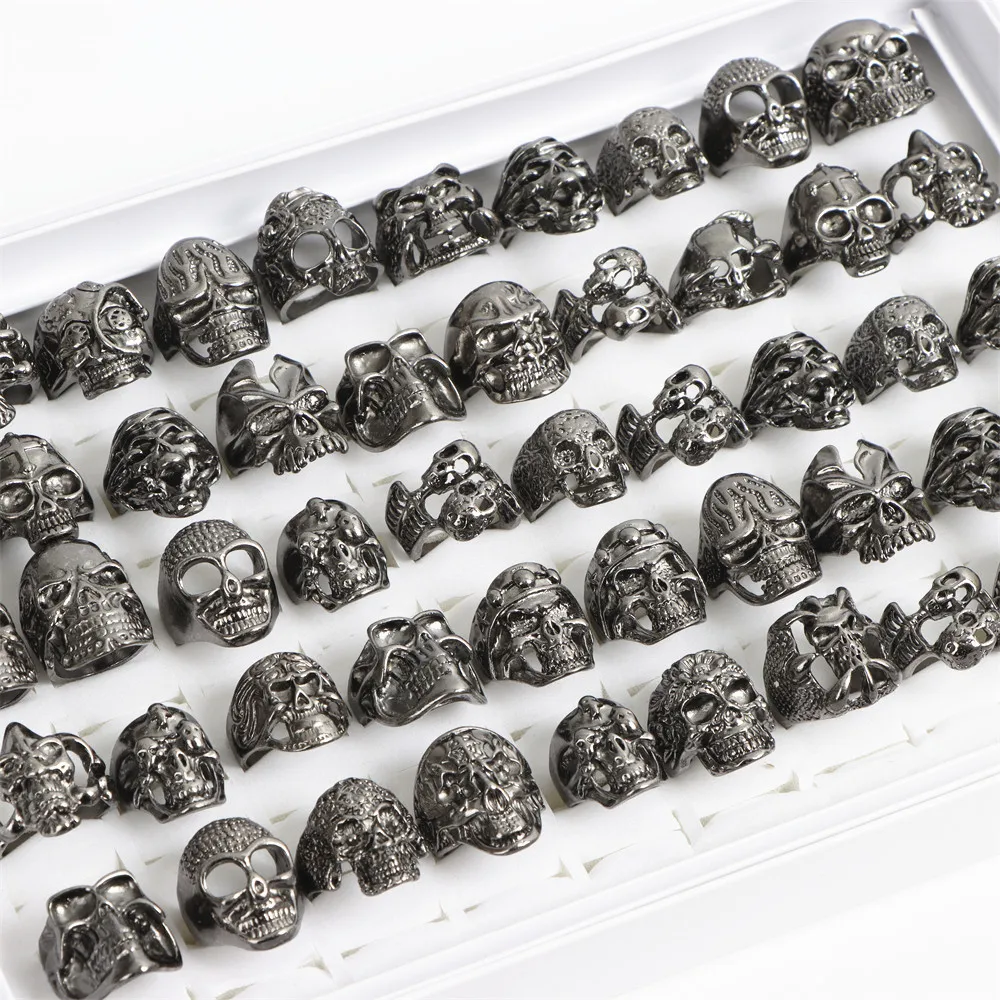 Wholesale 36Pcs/Lot Retro Gothic Punk Big Skull Ring Men Women Vintage Hip Hop Black Gold Silver Color Jewelry Accessories Party