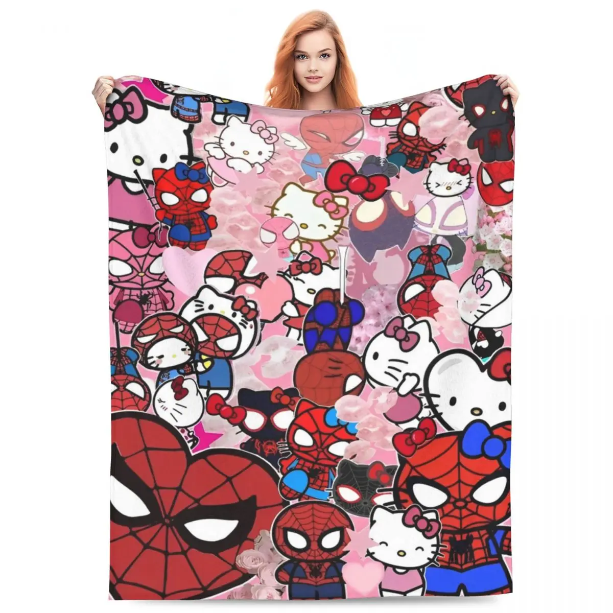 Hello Kitty And Spider Man Super Warm Blanket Travel Plush Throw Blanket Fluffy Couch Bed Flannel Bedspread Sofa Bed Cover