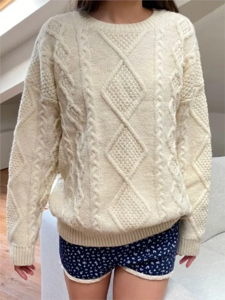 Beżowy sweter z dzianiny w kwiaty Kobieta Jesień Okrągły dekolt Sweter z długim rękawem Casual All-match Pullover Słodkie swetry w stylu preppy