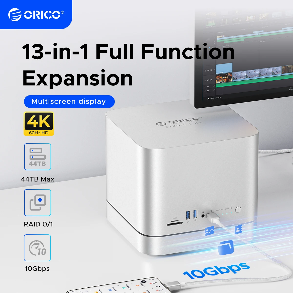 Imagem -01 - Orico-usb c Hub Enclosure para Mac Mini Docking Station 3.5sata 44tb Nvme Ssd M.2 Dp4k @ 60hz sd Tf3.0 orico usb c hub enclosure para mac mini docking station 35sata 44tb nvme ssd m2 dp4k 60hz sd tf30 01