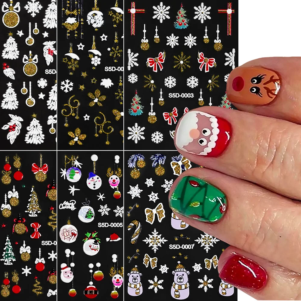 1pcs Gold Silver Glitter Christmas Nail Art Stickers White Snowflakes Bow Snowman 5D Nail Decals Shiny Christmas Tree Manicure N