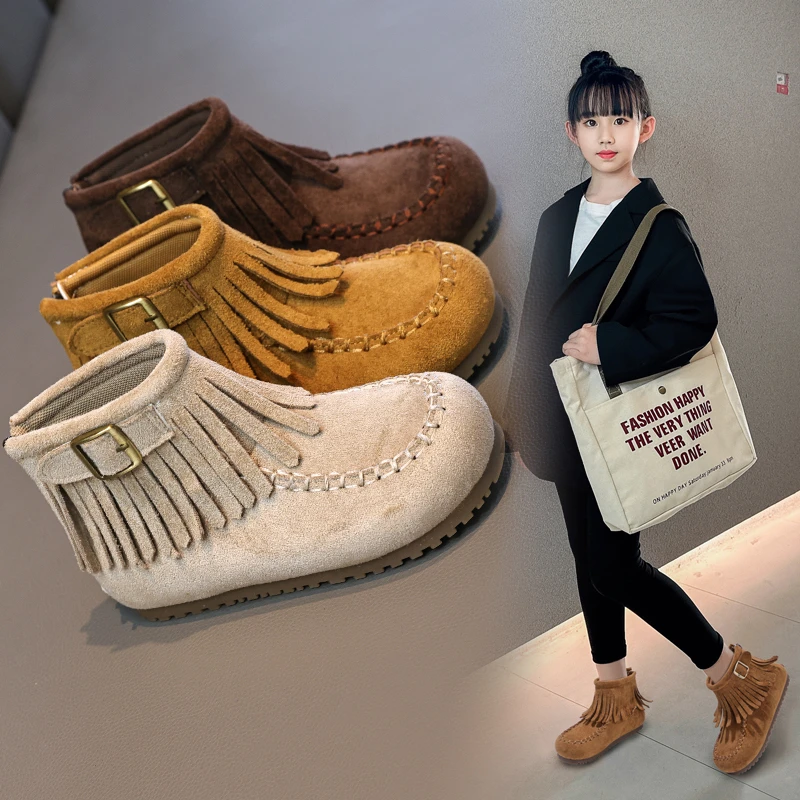 2025 Autumn Winter Fashion New Girls Snow Boots Outdoor Children Tassel Shoes Kids Plush Boots Soft-soled Non-slip Toddler Shoes