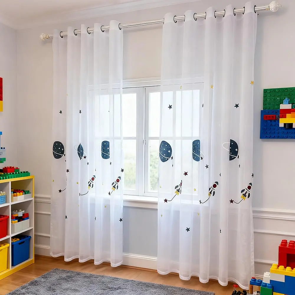 Cartoon Outer Space Rocket Embroidered Voile Curtain For Kids Bedroom Living Room Sheer Window Drapes Luxury Children Tulle 20D3
