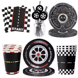 Tire Plates Race Car Napkins Party Plates Cups Straws Racing Car Race Track Party Supplies Balloons Kids Boys Birthday Decors