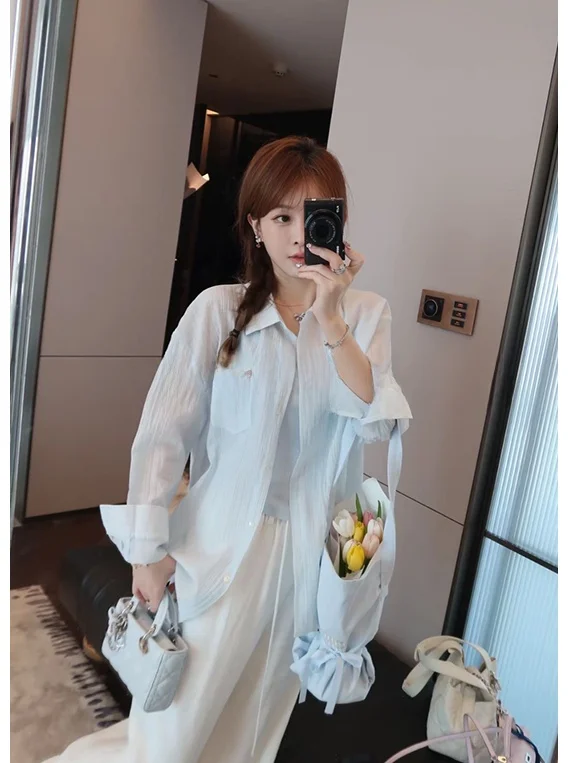 

Miu Series Summer New Women's Silk Shirt Star Decoration Top Vest Elegant Style Loose Fit Long Sleeve Button down Short...