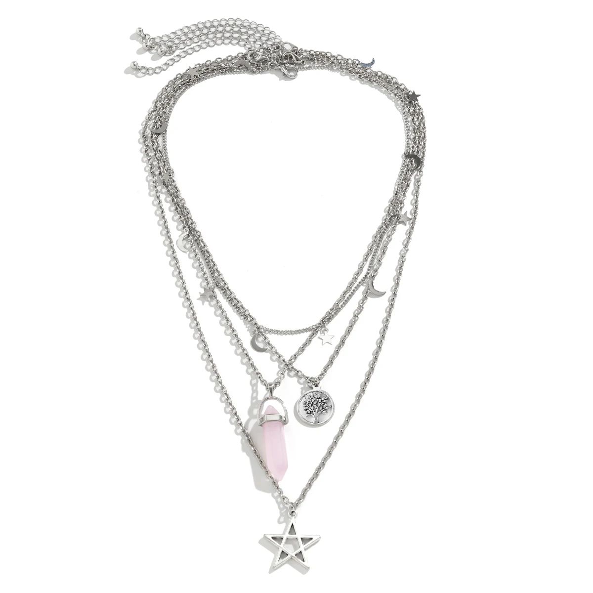 4Pcs Ethnic Pink Crystal Star Pentagram Pendant Choker Necklace for Women Elegant Moon Tassel Chain Party Jewelry Accessories