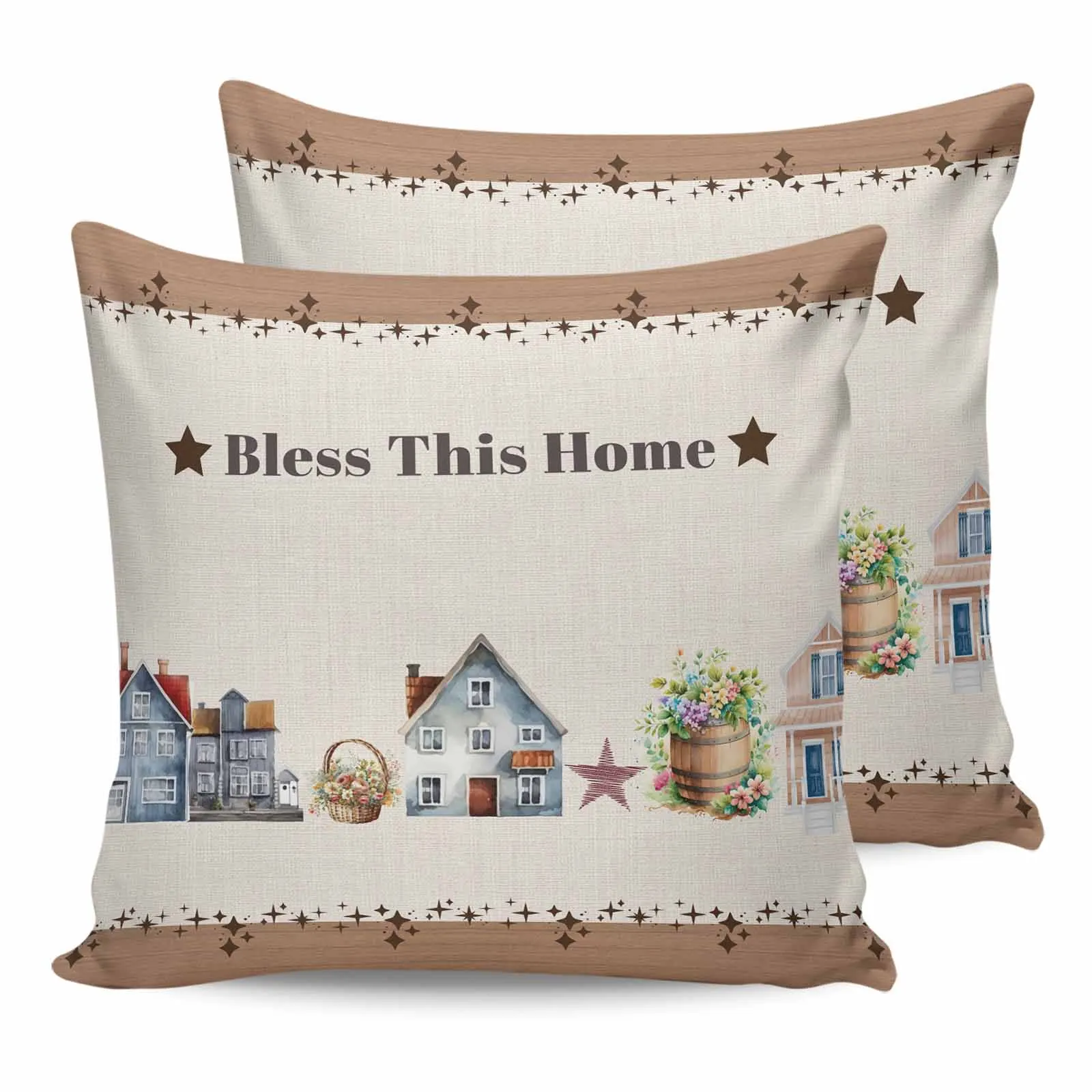 2/4 Pcs Watercolor House Stars Wood Grain Waterproof Pillowcase Office Sofa Throw Pillow Case Car Cushion Cover Home Decor