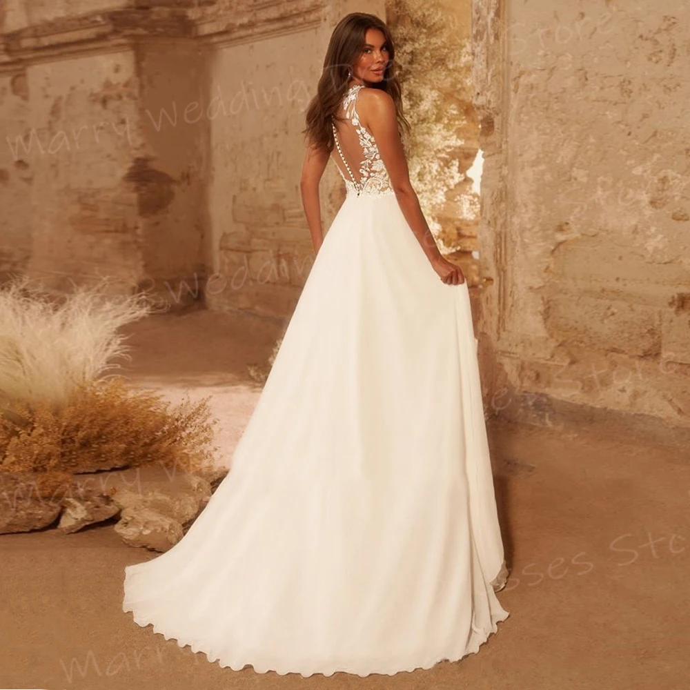 Boho eleganckie damskie suknie ślubne z okrągłym dekoltem z linii Modern Classic aplikacje koronkowe suknie panny młodej bez rękawów guziki Vestidos De Novia