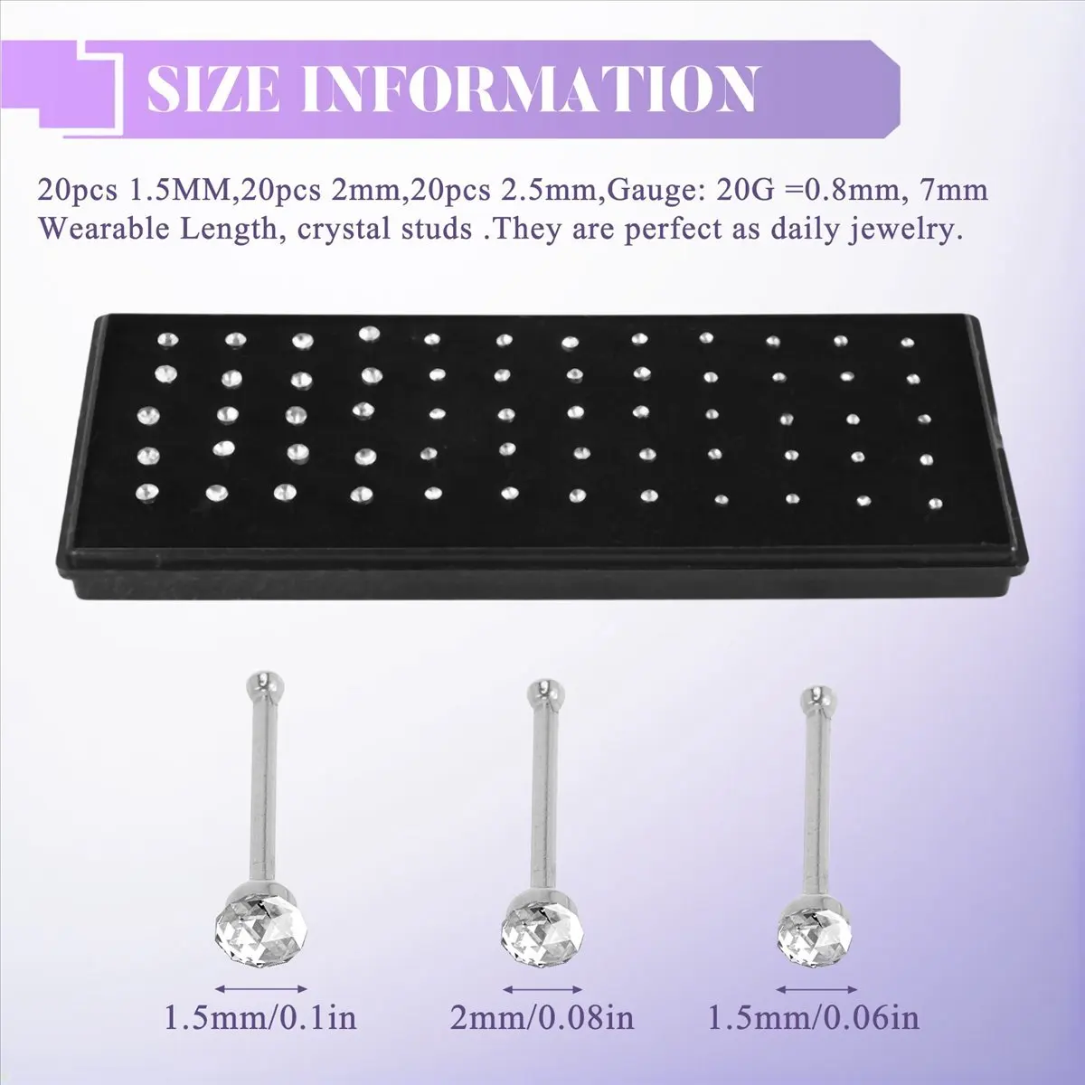 

Стабильные-60 шт., кольца-гвоздики из нержавеющей стали для носа, пирсинг, украшения для тела, 22 г, 1,5 мм, 2 мм, 2,5 мм