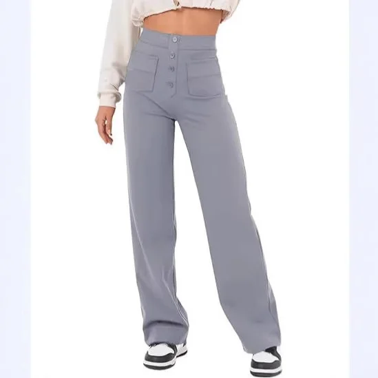 

2025 Fashion New Women's Casual Straight-leg Pants High Waist Button Elastic Belt Multiple Pockets Europe and America