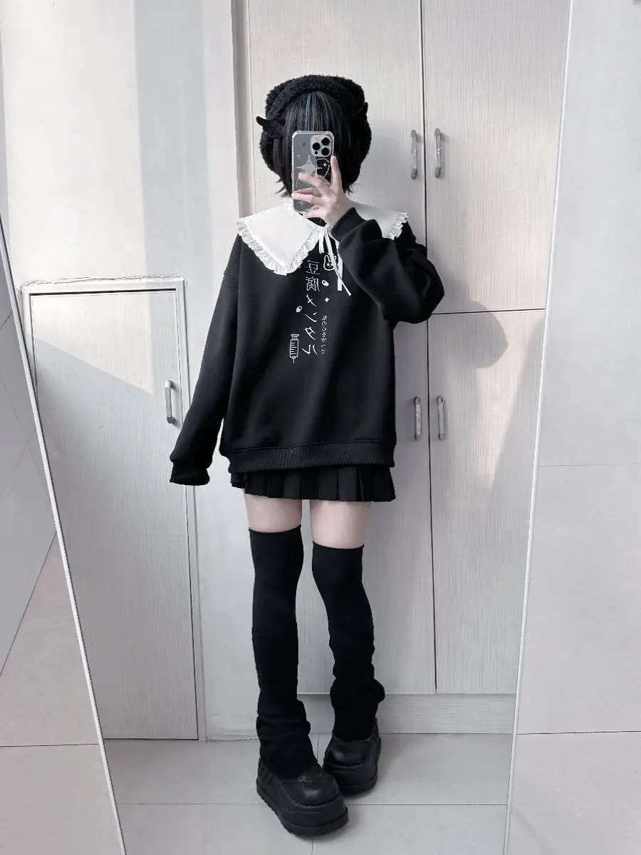 Japanese Style Subculture Cute Sweet Girl T-shirt Pullover Solid Y2k 2000s Women Autumn Loose Casual Fashion Hoodie Sweatershirt